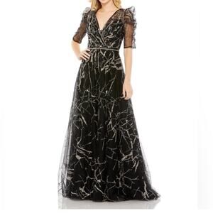 Mac Duggal Black Embellished Gathered Puff Sleeve Faux Wrap Gown 20428 Women’s